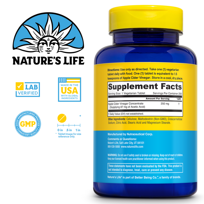 Nature's Life Apple Cider Vinegar Supplements 250 mg - ACV Tablets for Detox Cleanse and Digestion Support - with 87 mg Acetic Acid - 60-Day Money Back Guarantee