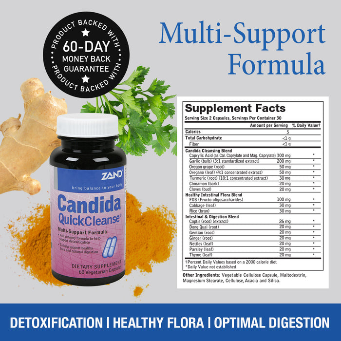 Zand Candida QuickCleanse | Full Potency Formula for Detoxification, Healthy Flora and Digestion Support | Natural Herbal Blends | 60 Vegetarian Caps