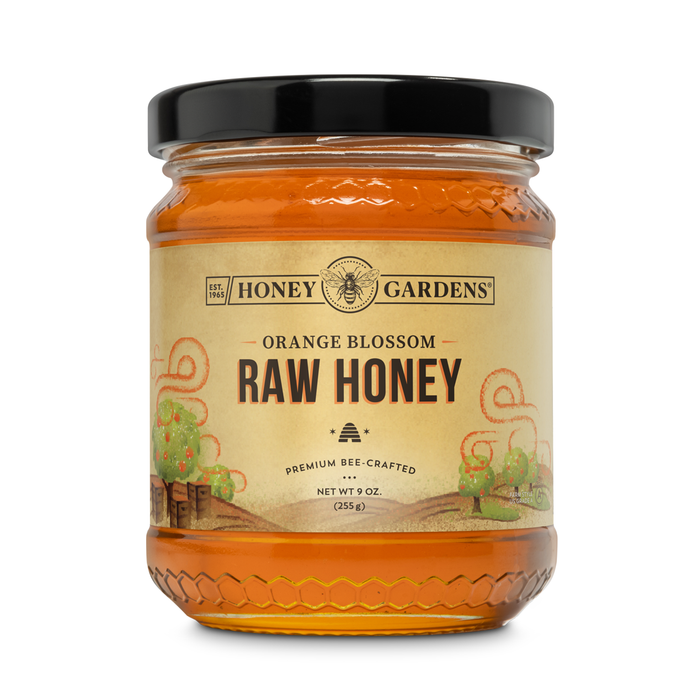 Honey Gardens Orange Blossom Raw Honey, Premium Bee-Crafted Honey from Nectar of Florida Orange Grove Blossoms, Sweet with Fruity Citrus Notes, Unpasteurized, Unfiltered, Unheated, 12 Servings, 9 OZ.