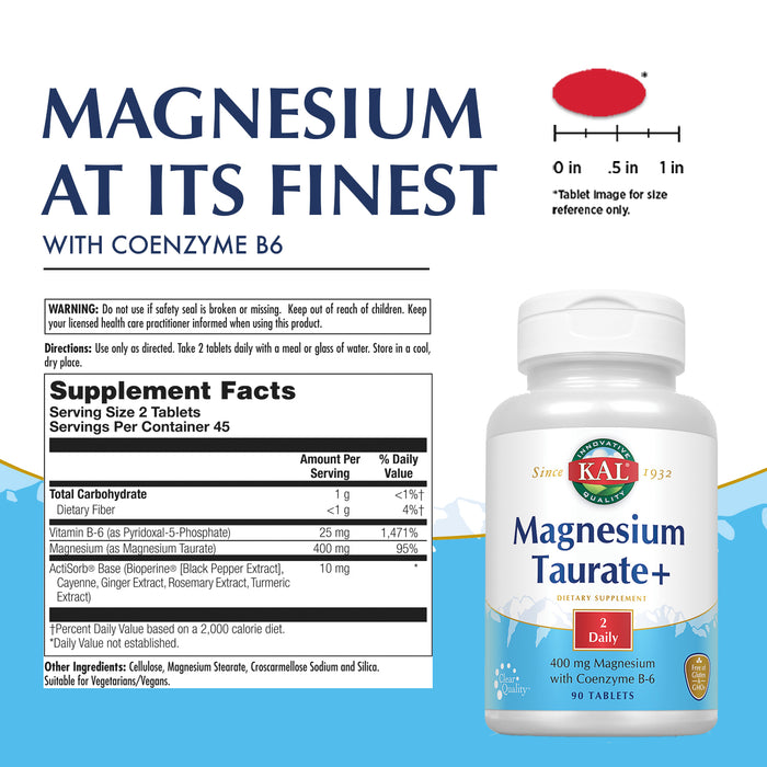 KAL Magnesium Taurate 400mg Plus Vitamin B6, Chelated Magnesium Supplement, High Absorption Magnesium Complex, Muscle and Heart Health Support, Vegan, Gluten Free, 60-Day Guarantee (90 CT, 2pk)