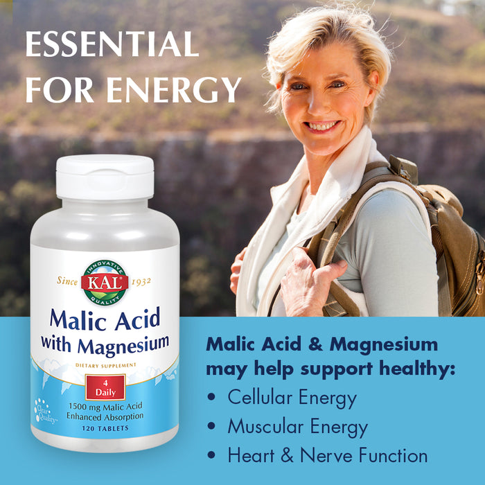 KAL Malic Acid with Magnesium, Thiamine, B-6 & Manganese | Healthy Muscular Energy Support | 30 Servings, 120 Tablets