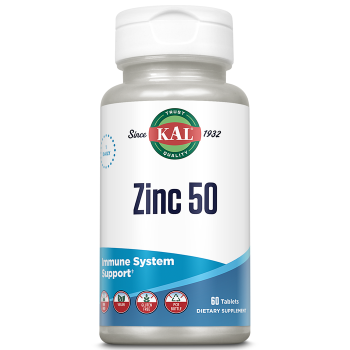 KAL Zinc 50mg Hydroxy Acid Complex, Healthy Metabolism and Immune Support Supplement with Zinc Orotate, Zinc Citrate, Enhanced Absorption w/ ActiSorb, Vegan, Gluten Free, Non-GMO, 60 Serv, 60 Tablets