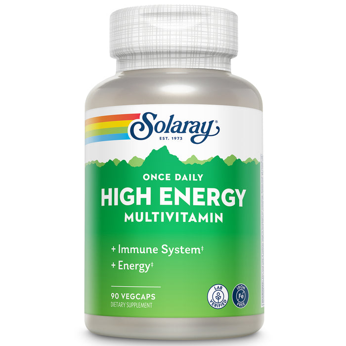Solaray Once Daily High Energy Multivitamin, Iron Free, Immune System and Energy Support, Whole Food and Herb Base Ingredients, Men’s and Women’s Multi Vitamin (90 Servings, 90 VegCaps)