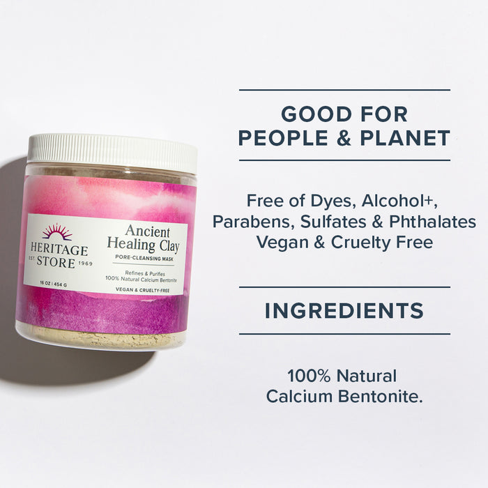 Heritage Store Ancient Healing Clay Pore-Cleansing Mask | Refines & Purifies with 100% Natural Calcium Bentonite (16 oz)