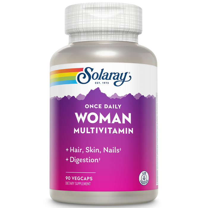 Solaray Once Daily Woman Multivitamin with Iron, Women’s Multivitamin with Hair, Skin & Nails Blend, Enzyme Blend & Whole Food Base, Healthy Energy, Immune & Digestion Support, 90 Servings, 90 VegCaps