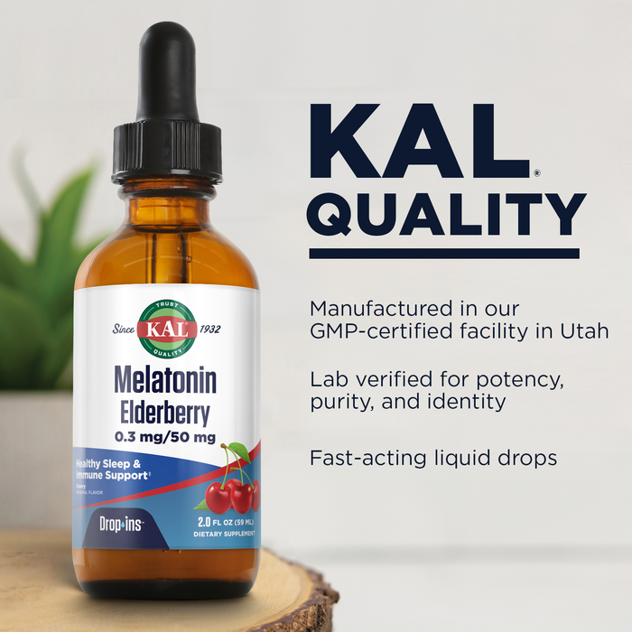 KAL Melatonin Elderberry DropIns - Fast Acting Melatonin Liquid with Elderberry - Sleep Aid, Immune Support Formula - Natural Cherry Flavor - 60-Day Money Back Guarantee, Approx. 59 Servings, 2 FL OZ