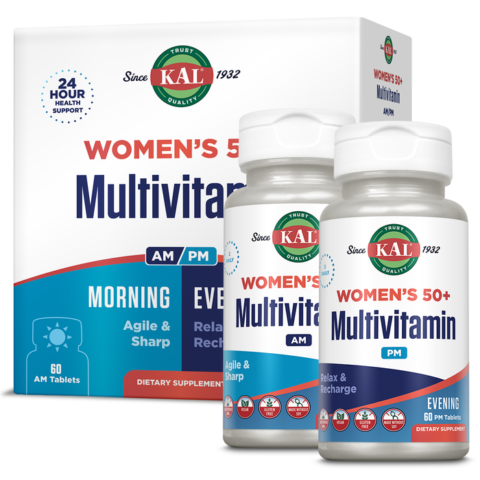 KAL Plus 2-in-1 Multivitamin for Women 50+, AM/PM Vitamin B and D, Biotin, Ginkgo Biloba, Bone Strength and Immune Support, Made Without GMOs and Soy, Vegan, 30 Servings, 120 Tablets