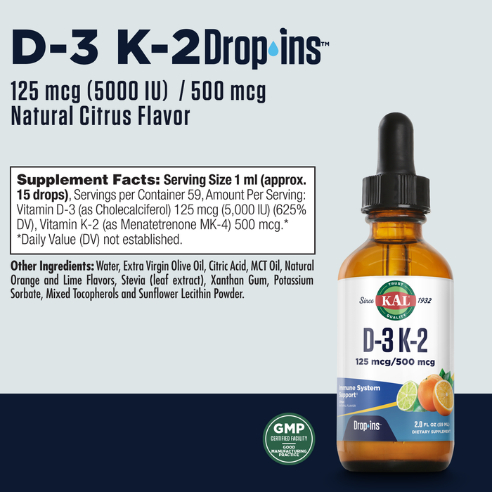 KAL D3 K2 DropIns 125 mcg / 500 mcg Liquid Vitamin D3 K2 Drops, Bone Health, Heart Health and Immune Support Supplement, Natural Citrus Flavor, 60-Day Money Back Guarantee, Approx. 59 Serv, 2 FL OZ