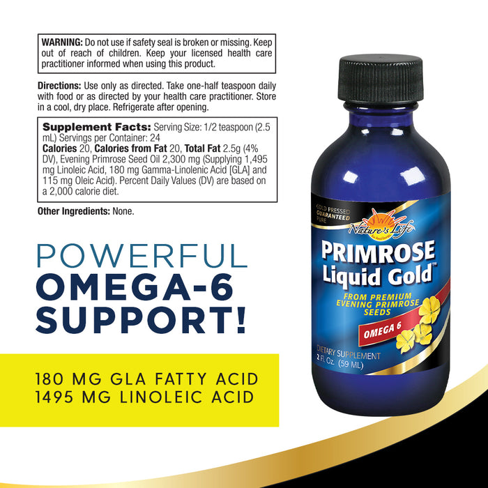 Nature's Life Primrose Oil Liquid Gold, 2300 mg | PMS, Menopause & Hormone Balance Support, Skin Health | 2oz, 24 Serv.
