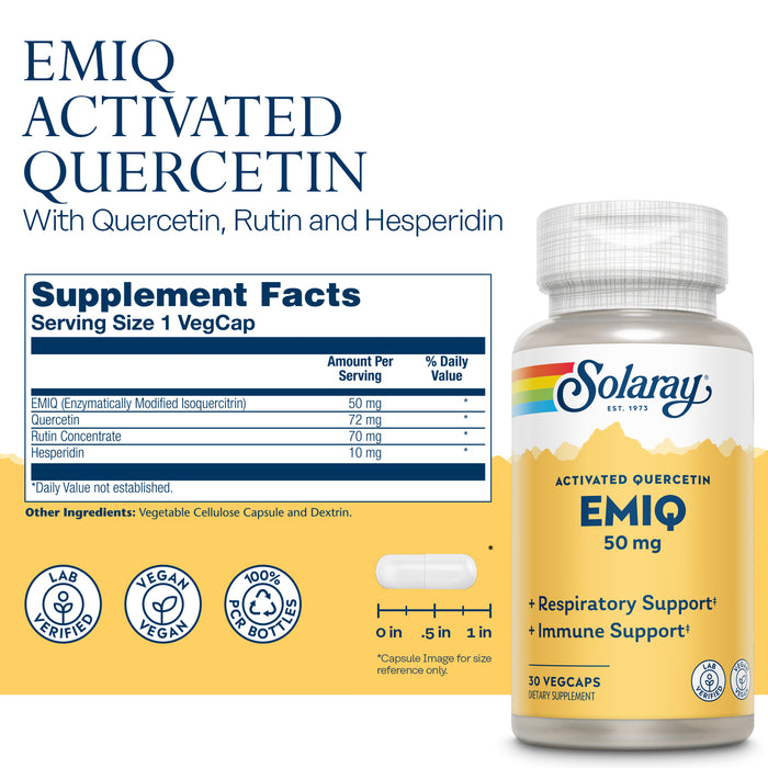 Solaray EMIQ Activated Quercetin, Sinus, Respiratory & Immune Health Support, Enhanced Absorption, 30 Servings, 30 VegCaps