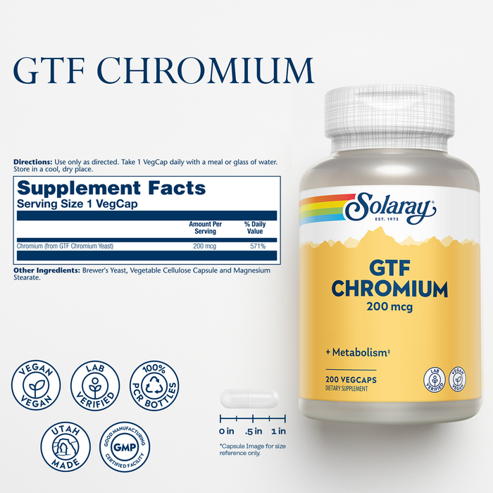 Solaray GTF Chromium 200mcg - Supports Balanced Metabolism and Energy Levels - Vegan-Friendly Chromium Supplements - Lab Verified, 60-Day Guarantee - 200 Servings, 200 VegCaps