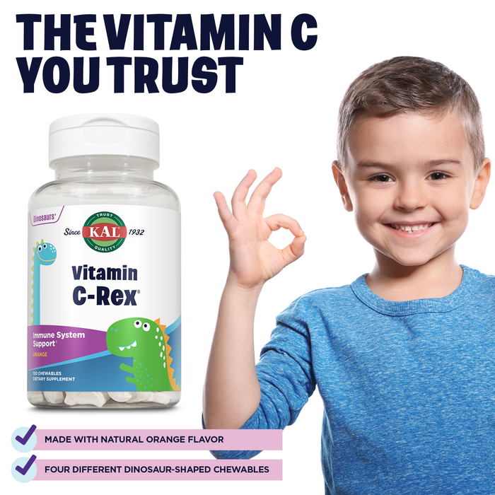 KAL C-Rex Chewable Vitamin C for Kids, Immune Support Supplement with Bioflavonoids from Rose Hips, Rutin & Acerola, Tasty Orange Vitamin C Chews, Fructose Free, 100 Vitamin C Chewable Tablets