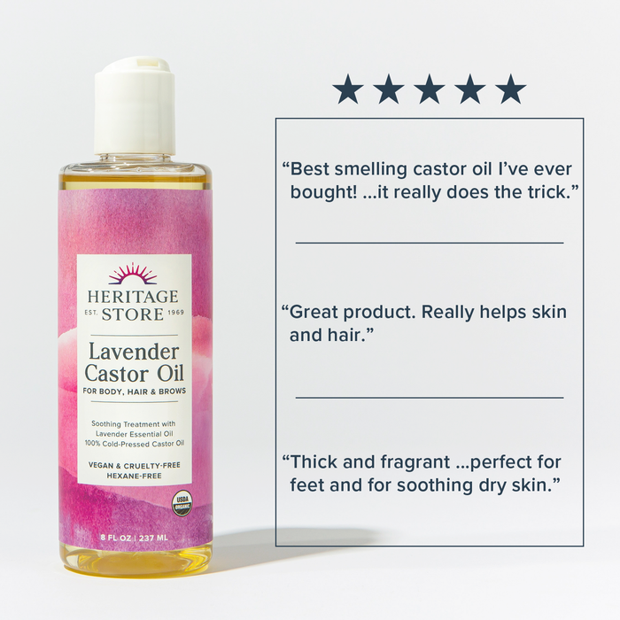 Heritage Store Lavender Castor Oil, Organic, Soothing Treatment with Lavender Essential Oil, Deep Hydration for Healthy Hair Care, Skin Care, Castor Oil Packs, Natural Lavender Scent, Vegan, 8oz