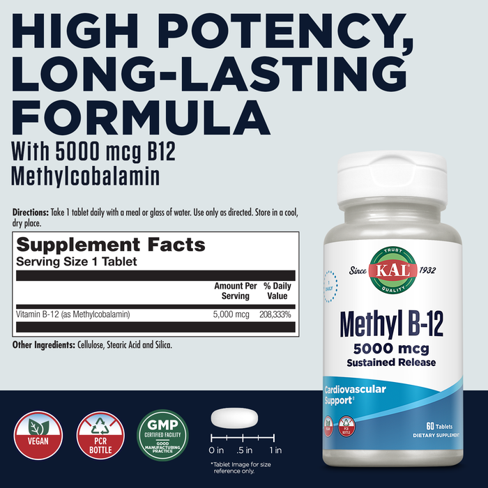 KAL Methyl B-12 5000 mcg Sustained Release Supplement, Healthy Energy, Metabolism, Heart, Nerve and Red Blood Cell Support, High Potency Methylcobalamin B12 Vitamin, Vegan, 60 Servings, 60 Tablets