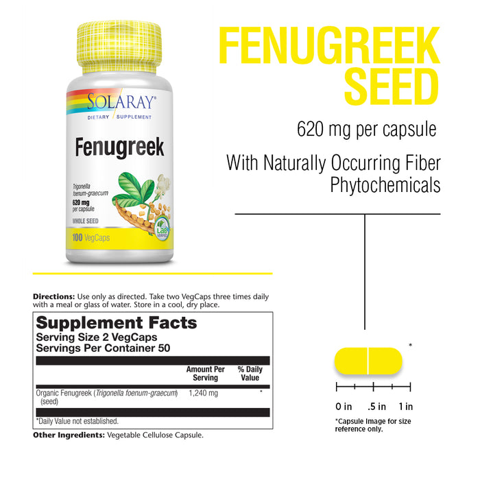Solaray Organic Fenugreek 1240 mg - USDA Organic Fenugreek Capsules - Vegan, Lab Verified, 60-Day Money-Back Guarantee - 50 Servings, 50 Organic Capsules