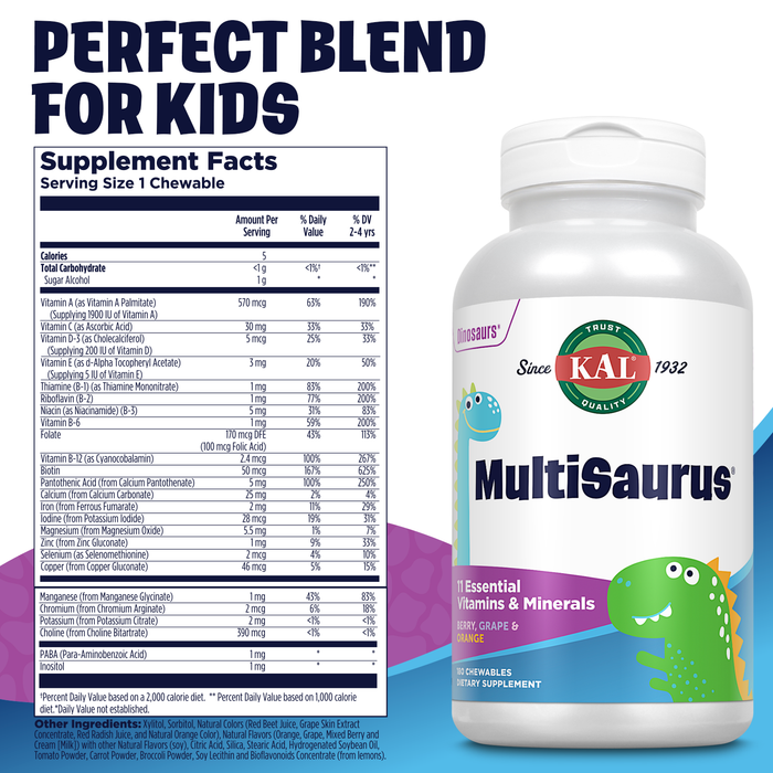KAL MultiSaurus Kids Chewable Multivitamins, 11 Essential Vitamins and Minerals for Kids, Berry, Grape, Orange Chewables, Gluten and Fructose Free, 180 Servings, 180 Dinosaur-Shaped Chewables