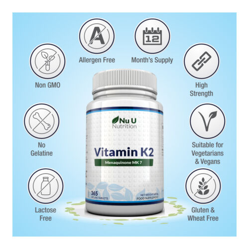 Vitamin K2 MK 7 200mcg - 365 Vegetarian and Vegan Tablets By Nu U Nutrition