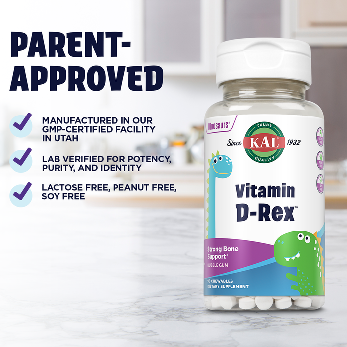 KAL Vitamin D-Rex Chewable, Childrens Vitamins 400 IU D-3, Bubble Gum Flavor, Strong Bone & Immune Support, Lactose/Peanut/Soy Free, 60-Day Guarantee, 90 Servings, 90 Dinosaur Shape Chewables