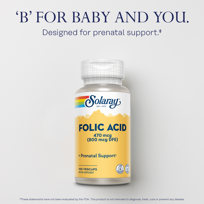 Solaray Folic Acid - Vitamin B9 Folic Acid Supplement, Prenatal Vitamin - Blood Cell Development Support - Vegan, Lab Verified, 60-Day Guarantee - 100 Servings, 100 VegCaps