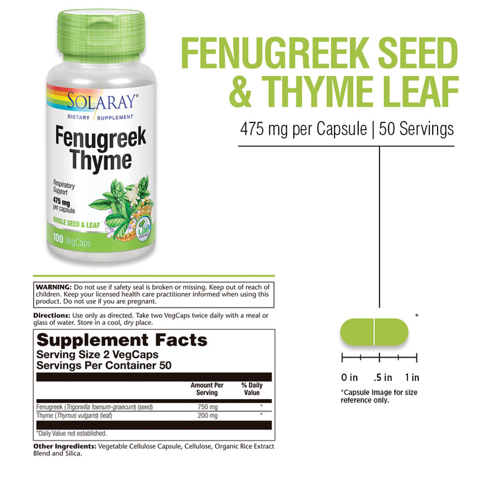 Solaray Fenugreek & Thyme 950 mg | Healthy Respiration & Digestion Support | 50 Servings | 100 VegCaps