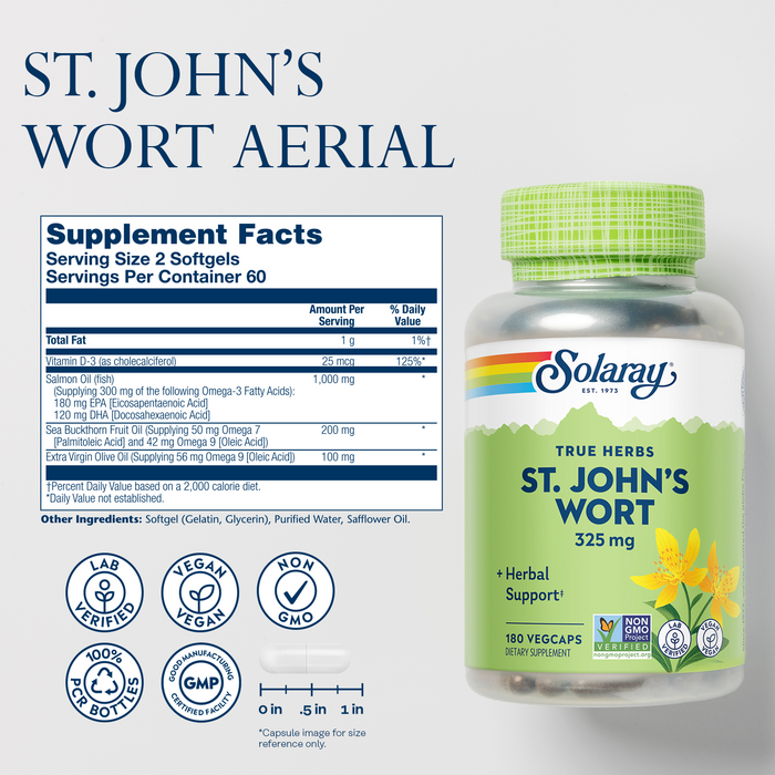 Solaray St John’s Wort 325 mg Whole Aerial - Health and Mood Support Supplement - 60-Day Money Back Guarantee - Non-GMO, Vegan, Lab Verified