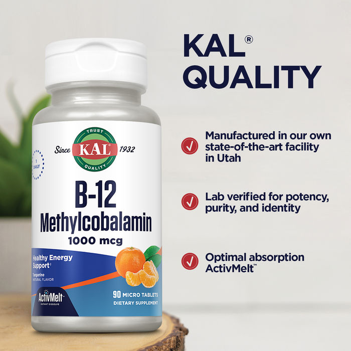 KAL Vitamin B12 Methylcobalamin 1000mcg, Healthy Energy, Metabolism, Nerve & Red Blood Cell Support,* Fast Dissolve ActivMelt, Optimal Absorption, Natural Tangerine Flavor, 90 Servings, 90 Micro Tabs