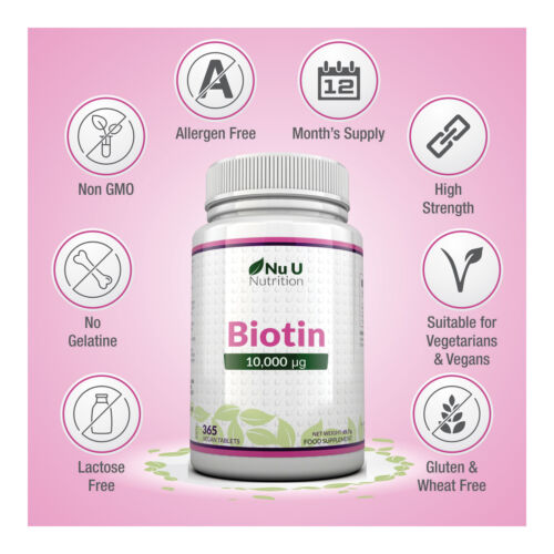 Biotin Hair Growth 2 X Bottles 365 Tablets (Full Year Supply) 10,000mcg by Nu U
