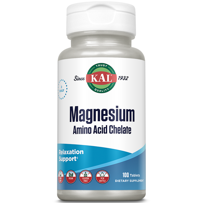 KAL Magnesium Amino Acid Chelate 220mg, Chelated Magnesium Supplement w/ B Vitamins, Relaxation, Bone Strength, Heart Health, Nerve and Muscle Function Support, Vegan, Gluten Free, 50 Serv, 100 Tabs