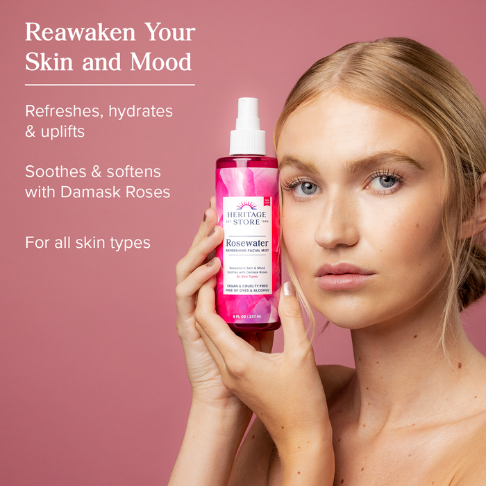 Heritage Store Rosewater Spray, Hydrating Mist for Skin & Hair , No Dyes or Alcohol, Vegan (8oz)