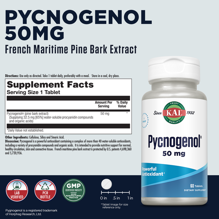 KAL Pycnogenol French Maritime Pine Bark Extract 50 mg, Super Antioxidants Supplements, Skin Health, Circulation and Heart Health Support, Rapid Disintegration, 60-Day Guarantee, 60 Serv, 60 Tablets