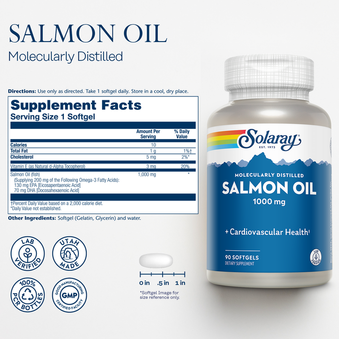 Solaray Salmon Oil - Molecularly Distilled Fish Oil Supplements - Omega 3 Fish Oil - Cardiovascular Support - Lab Verified, 60-Day Guarantee - 90 Servings, 90 Softgels