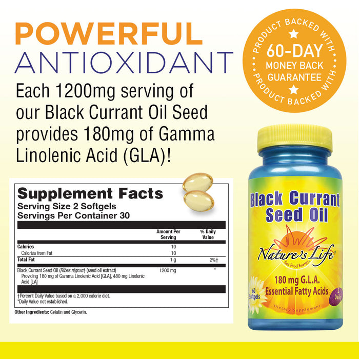 Nature's Life Black Currant Seed Oil | Helps Support Healthy Skin, Nails, Joints & Immune Function | 180mg GLA (Gamma-linolenic acid) | Softgel, 60ct