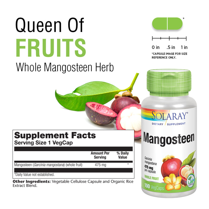 Solaray Mangosteen Fruit 475mg | Whole Herb | Antioxidant & Immune Support Supplement w/ Phytonutrients, Polyphenols, Flavonoids, & More | 100ct