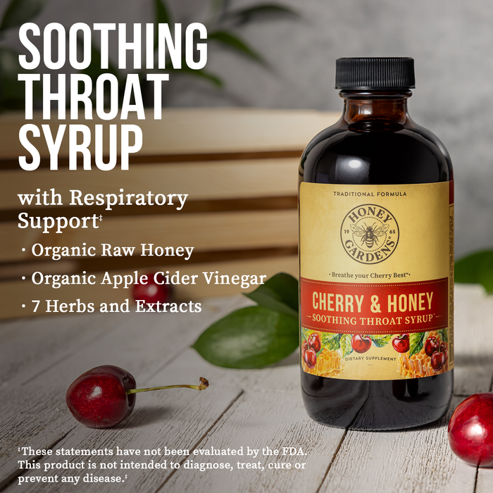 Honey Gardens Cherry & Honey Soothing Throat Syrup, Apitherapy Formula with Organic Raw Honey, Organic Apple Cider Vinegar, Black Cherry, and Herbal Extracts, 24 Servings, 4 FL. OZ.