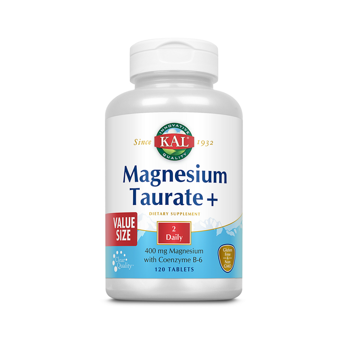 KAL Magnesium Taurate Plus 400mg w/ Coenzyme B6 | Highly Bioavailable, Chelated, Vegan | For Normal Nerve, Muscle Function and Heart Health | 120 Tabs