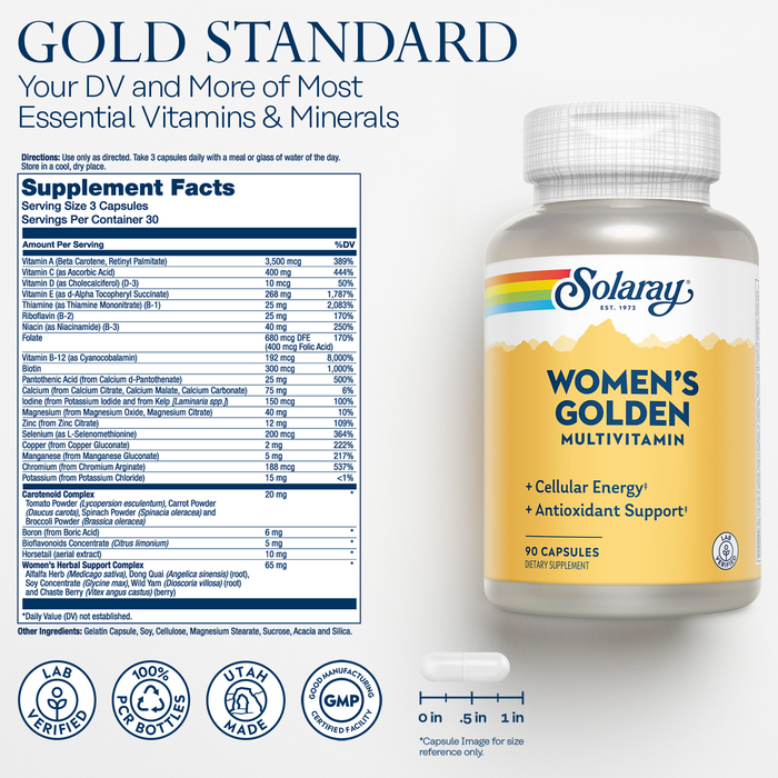Solaray Women's Golden Multivitamin - Daily Vitamins and Minerals - Cellular Function, Energy and Immune Support w/ Vitamin A, Vitamin D, B Complex, Zinc - 60-Day Guarantee - 30 Servings, 90 Capsules