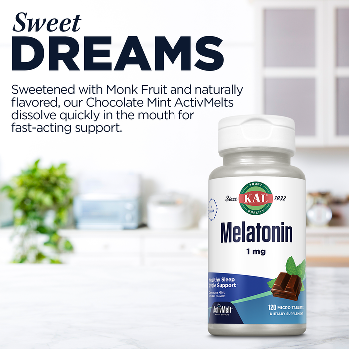 KAL Melatonin 1mg Sleep Aid, Melatonin Supplement Supports Calming Relaxation and a Healthy Sleep Cycle, Fast Dissolving ActivMelts, Natural Chocolate Mint Flavor, Vegetarian, 120 Serv, 120 Micro Tabs