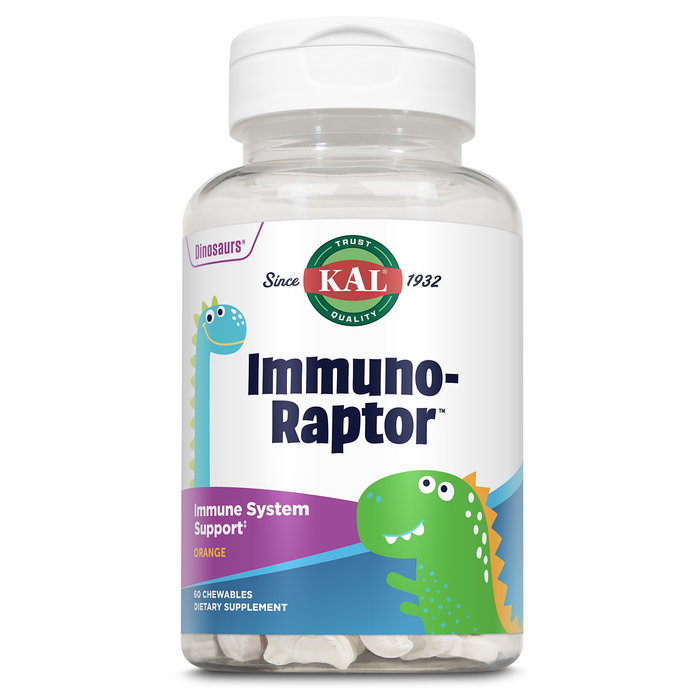 KAL ImmunoRaptor Kids Immune Support Chewables, Vitamin C and Zinc for Healthy Cell Function, Dinosaur Shaped, Orange Flavor, Gluten, Lactose, and Peanut-Free, Sweetened with Xylitol, 60 Servings