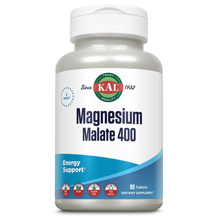KAL Magnesium Malate 400mg, Chelated Magnesium Supplement with Malic Acid, Healthy Energy & Muscle Function Support, Enhanced Absorption, Vegan, Non-GMO, 45 Servings, 90 Veg Tabs