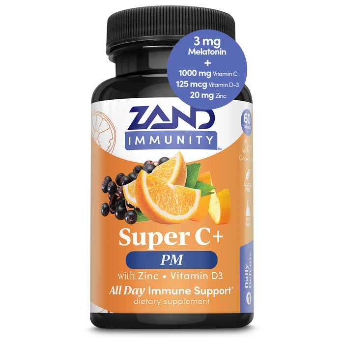 Zand Immunity Super C+ PM, Nighttime Immune Support Plus Melatonin, 1000mg PureWay-C Vitamin C, Zinc, D3 & Elderberry, Enhanced Absorption - 60 Tablets, 30 Servings