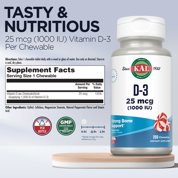 KAL Vitamin D3 1000 IU 25 mcg, Vitamin D Chewables, Calcium Absorption, Bone Health and Immune Support Supplement, Natural Peppermint Flavor, Sweetened with Xylitol, 200 Servings, 200 Chews