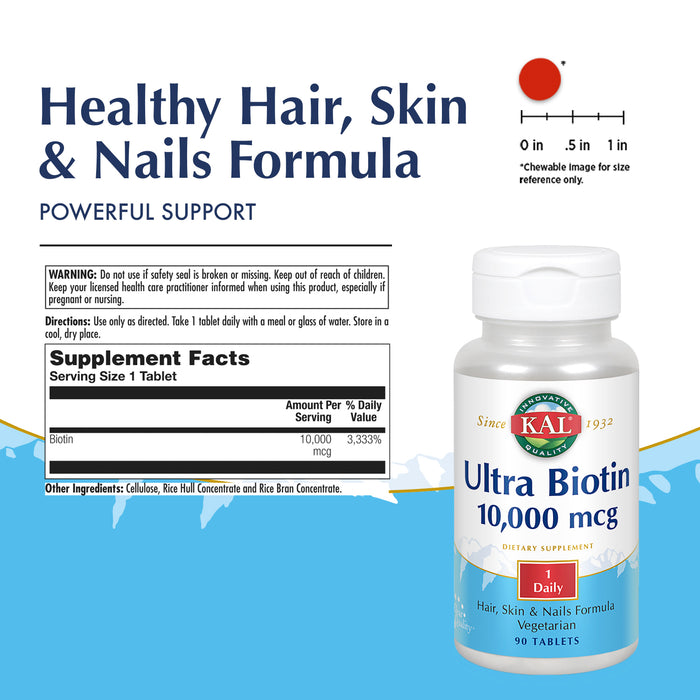 KAL Ultra Biotin 10,000 mcg | Healthy Hair Growth Formula | Skin & Nail Health Support | Vegetarian | 90 Tabs, 90 Serv.