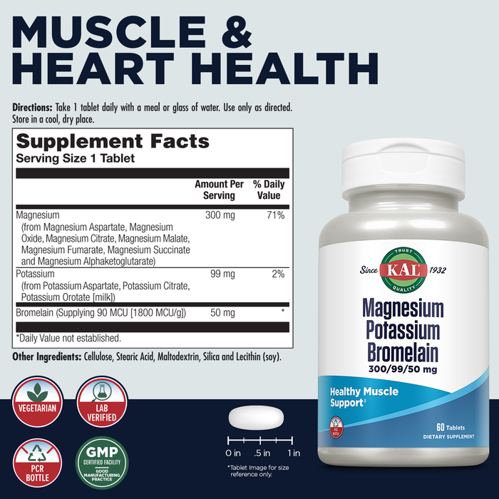 KAL Magnesium Potassium Bromelain, Magnesium Complex for Bone, Heart Health, Muscle Support w/ Magnesium Citrate, Magnesium Malate, Potassium Citrate, Vegetarian, 60-Day Guarantee, 60 Serv, 60 Tablets