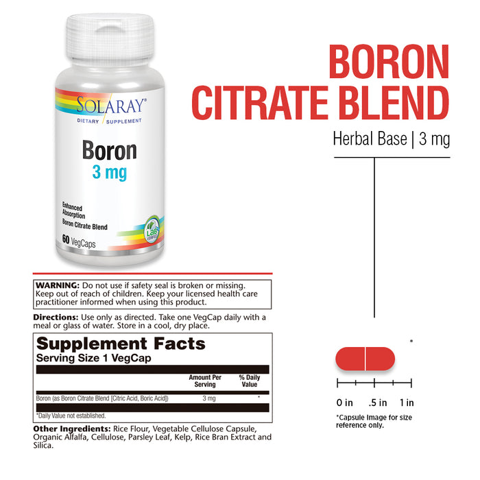 Solaray Boron Citrate 3mg | Herb Base | Healthy Bones, Brain Function & Joint Support | Enhanced Absorption | 60 VegCaps