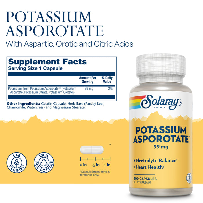 Solaray Potassium Asporotate Chelated Supplement, Electrolyte Balance & Heart Health Support, 200 Capsules