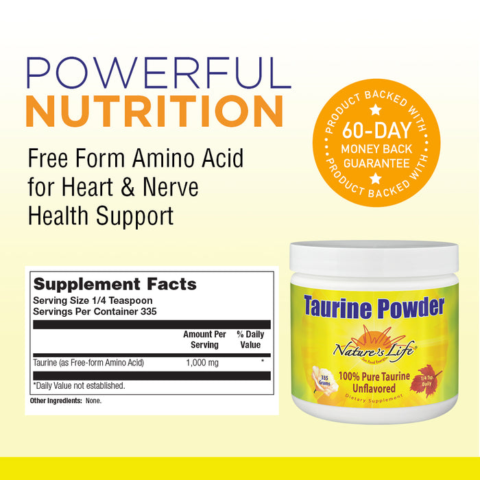 Nature's Life Pure Taurine Powder, Unflavored | Sulfur-Bearing Amino Acid For Healthy Cardiovascular & Nerve Function Support | 335g, 1000mg/serving