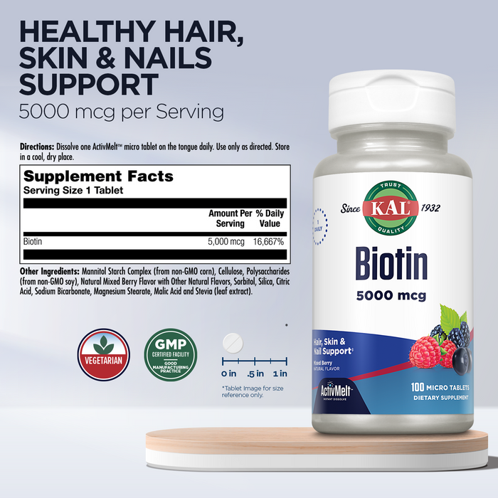 KAL Biotin 5000mcg ActivMelt, Healthy Hair Skin & Nails Vitamins for Women and Men, Fast Acting Supplement Designed for High Absorption, Vegetarian, GMP Facility, 100 Servings, 100 Micro Tablets