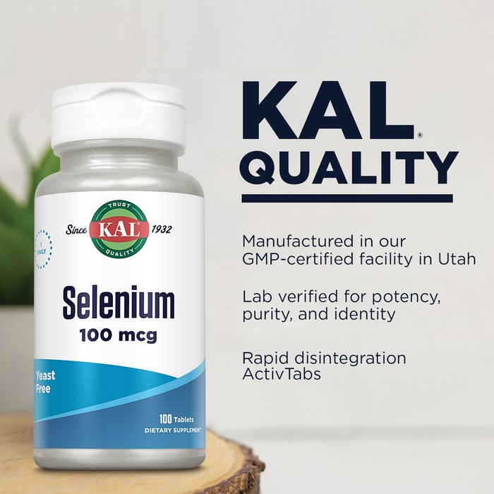 KAL Selenium 100 mcg, Yeast Free Selenium Supplement, Thyroid Support for Women and Men, CeIlular Health and Immune Support, 60-Day Guarantee, Rapid Disintegration ActivTabs, 100 Servings, 100 Tablets