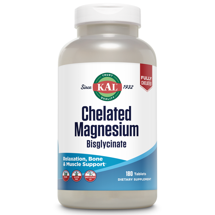 KAL Chelated Magnesium Bisglycinate, Magnesium Supplement for Relaxation, Bone Health, Nerve & Muscle Function Support*, High Absorption, Gentle Digestion, Vegan, Gluten Free, 60 Servings, 180 Tablets