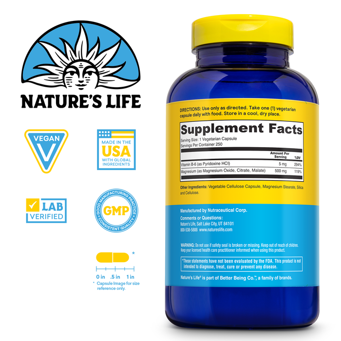 Nature’s Life Renewing Magnesium 500 mg - Magnesium Citrate, Magnesium Malate, Magnesium Oxide Plus Vitamin B-6 - Muscles and Nerves Support - Lab Verified (250 Servings, 250 VegCaps)